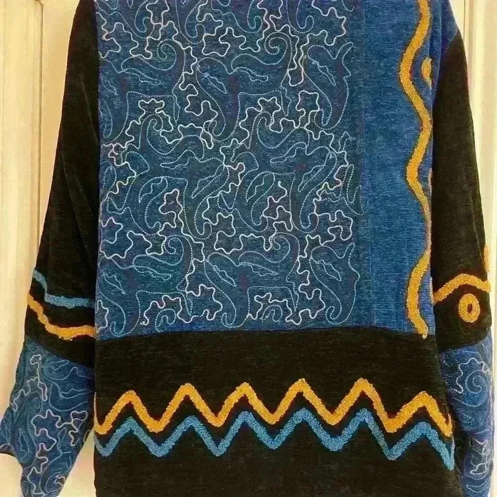 Indigo Moon Blue Vintage Tapestry Art Deco Abstract Jacket Heavy size large - Picture 3 of 4
